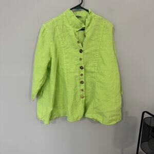 Vintage Click Bright Green 100% Linen Button Down Shirt Women's Size XXL